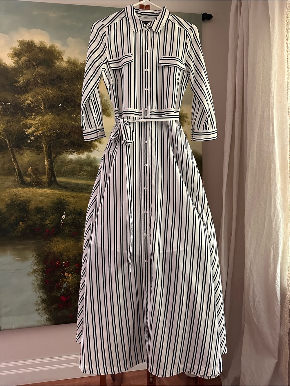 Banana Republic White and Black Vertical Stripe Maxi Shirt Dress